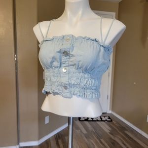 ZARA Women’s Chambray Crop Tank Top S Blue Ruffled Buttons Linen Blend